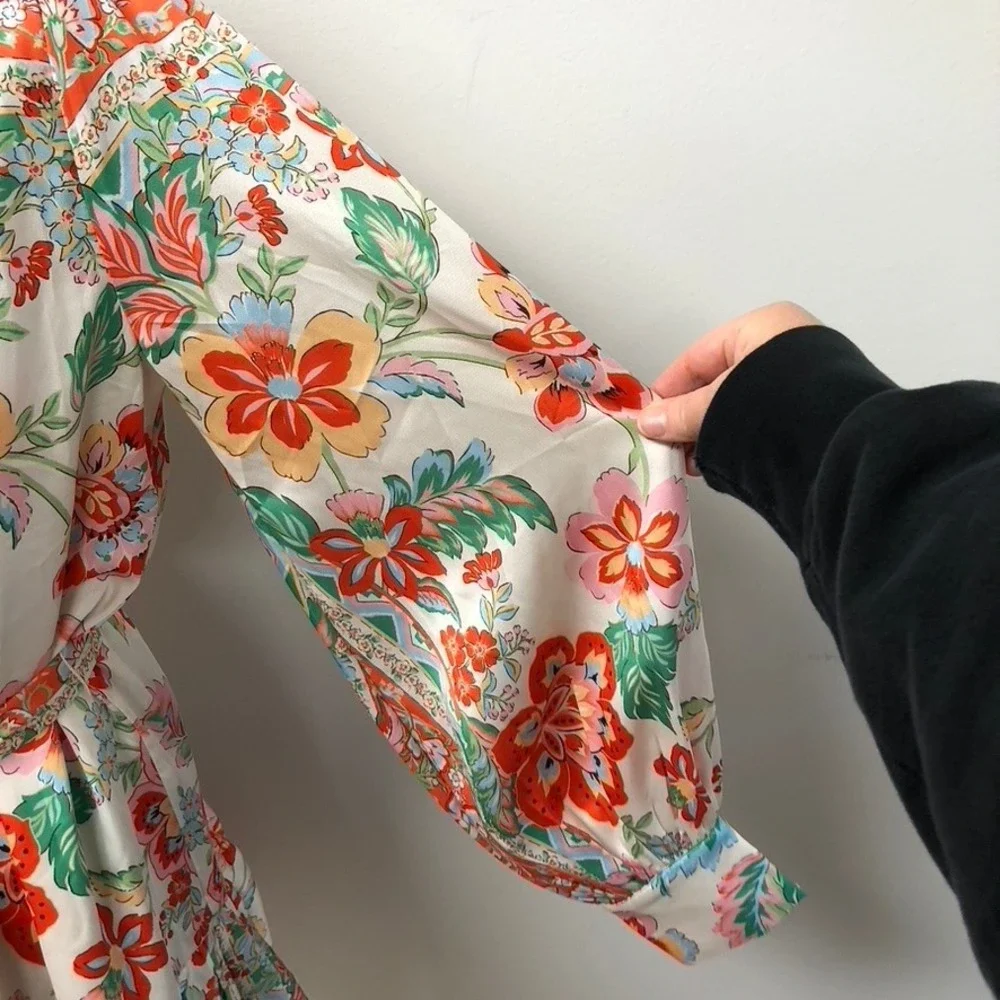 Fate‎ Floral Mini Dress Women Small Orange White Mock Neck Button Up Retro